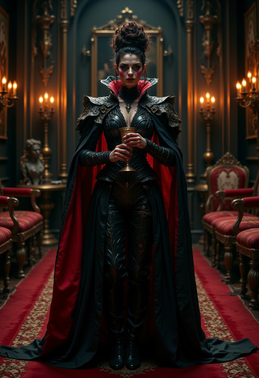 a gothic, vampire-themed scene. The central figure is a woman with pale skin and striking facial features, including dark, dramatic makeup and red lips. She is dressed in an elaborate, black leather outfit with a high collar and a long, flowing cape lined with red. Her hair is styled in an intricate updo. She holds a goblet in one hand, adding to the vampiric theme. The background is an opulent, dimly lit room with ornate wooden furniture and walls adorned with portraits and candle sconces, creating a mysterious and luxurious atmosphere. The floor is covered with a red and black patterned carpet, enhancing the gothic aesthetic. The overall composition is rich in detail and color, emphasizing a dark, elegant style.