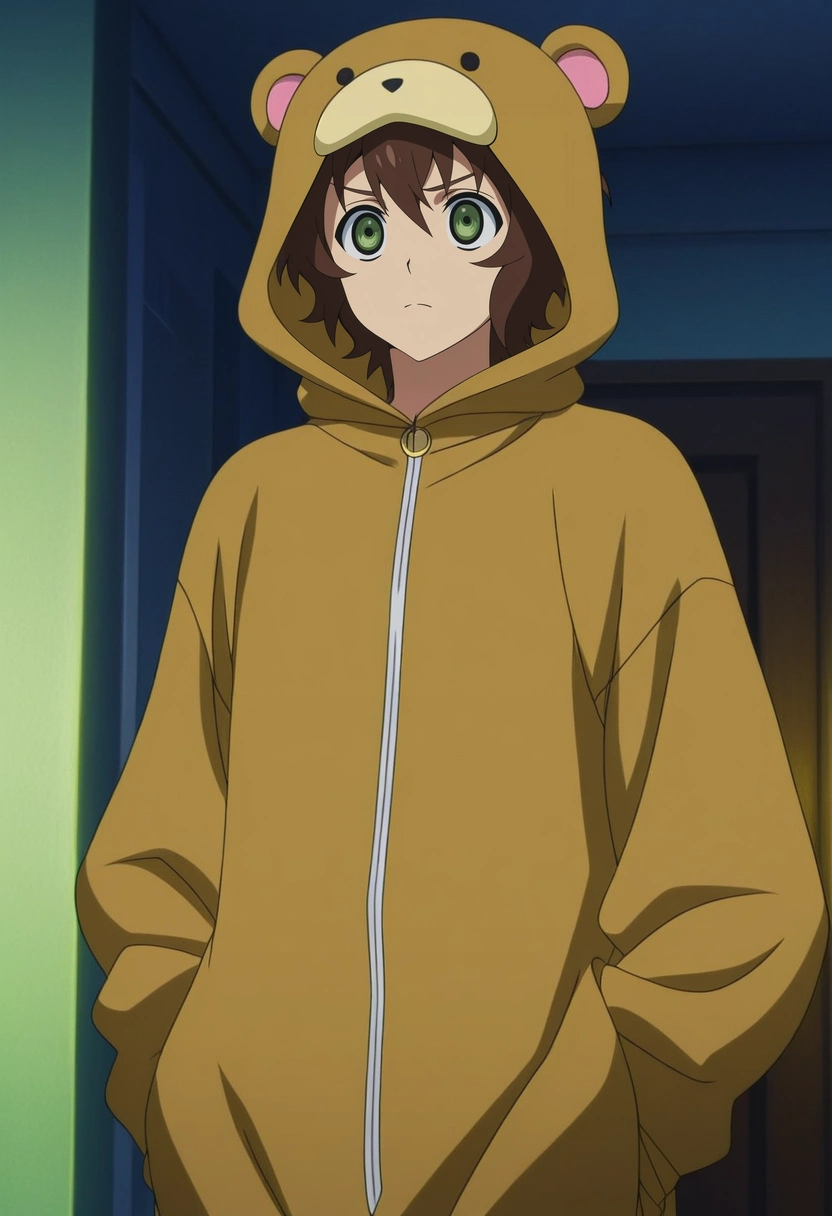 masterpiece, best quality, , anime screencap, anime coloring, official style,, 1boy, solo, male focus, <lora:yoichi_saotome_ilxl:0.94>, yoichi_saotome, brown hair, green eyes, short hair, , , camel costume