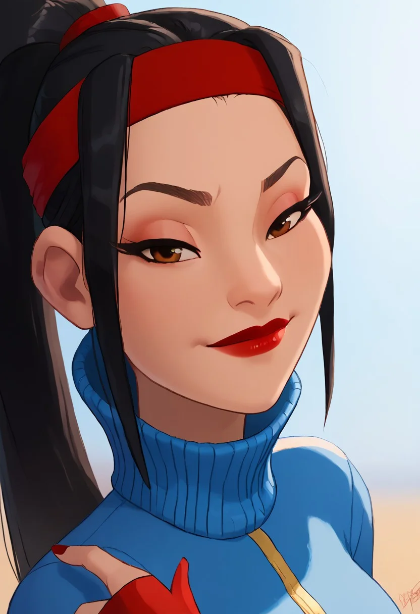 score_9, score_8_up, score_7_up, ultra quality, solo, 1girl, chang'e_tt, 1girl, asian, high ponytail (black hair, red headband), big eyelashes, brown eyes, makeup, red eyeshadow, red lipstick, red nails, red wristbands, blue track jacket (turtleneck, wide sleeves), light blue spandex, smirk, big hips, big butt, bubble butt, breasts, narrow waist, curvy, score_9, score_8_up, score_7_up, score_6_up, looking at the viewer, standing, close up, face focus, aeolus06