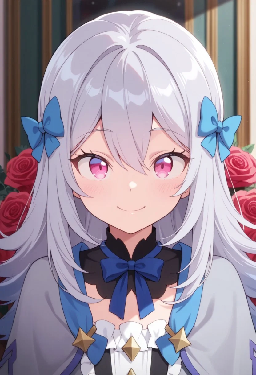 masterpiece,best quality,amazing quality, reine von silford, blue-grey hair, long hair, pink eyes, 1girl, solo, smile, bow, hair bow, rose, flower, looking at viewer, blue bow, closed mouth, upper body