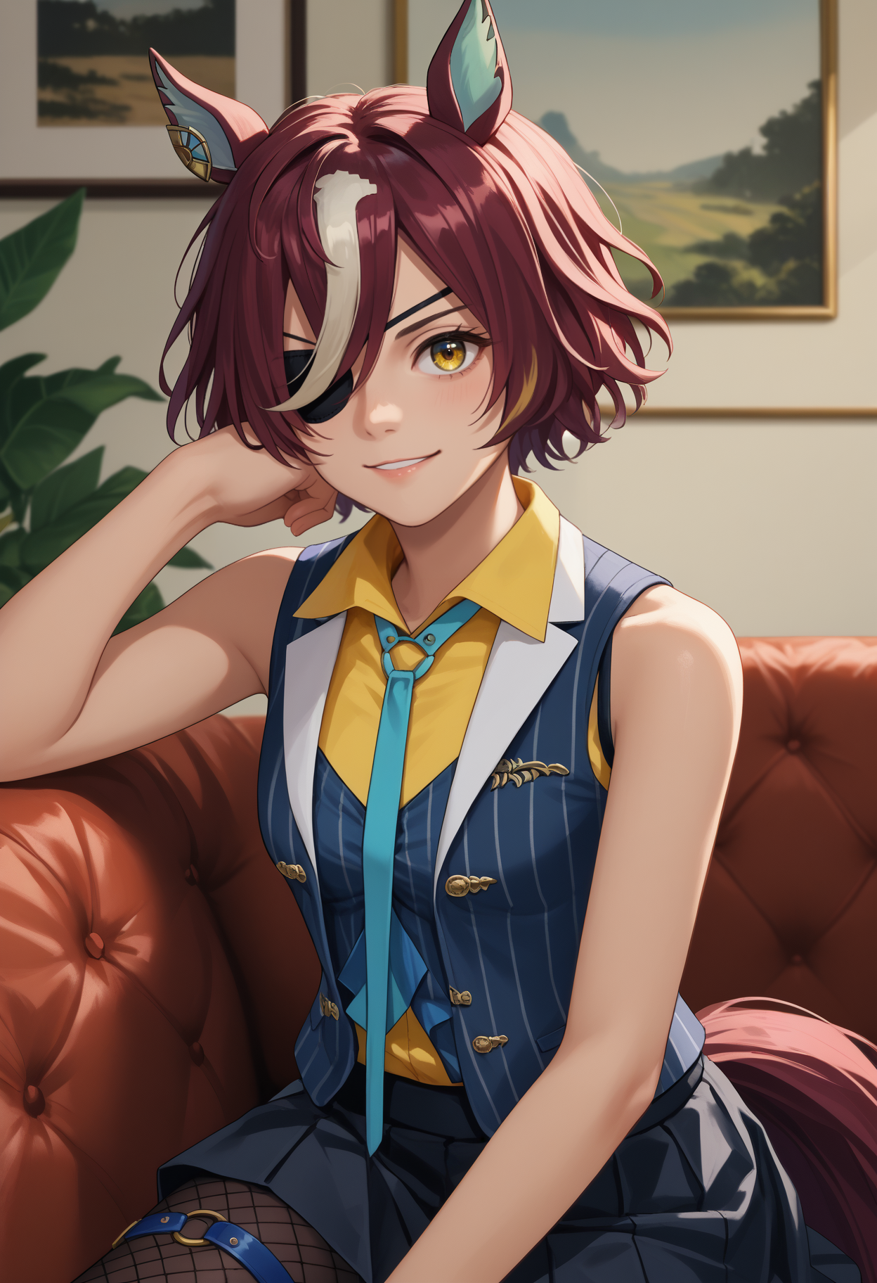 score_9, score_8_up, score_7_up, source_anime, solo, 1girl, tanino gimlet, horse tail, smile, looking at you, sitting, couch, hair over one eye, horse ears, ear ornament, eyepatch, blue vest, striped vest, yellow shirt, collared shirt, sleeveless shirt, blue necktie, black skirt, fishnet pantyhose, thigh strap, bare shoulders, indoors, living room
<segment:yolo-face_yolov8m.pt,0.4,0.5>