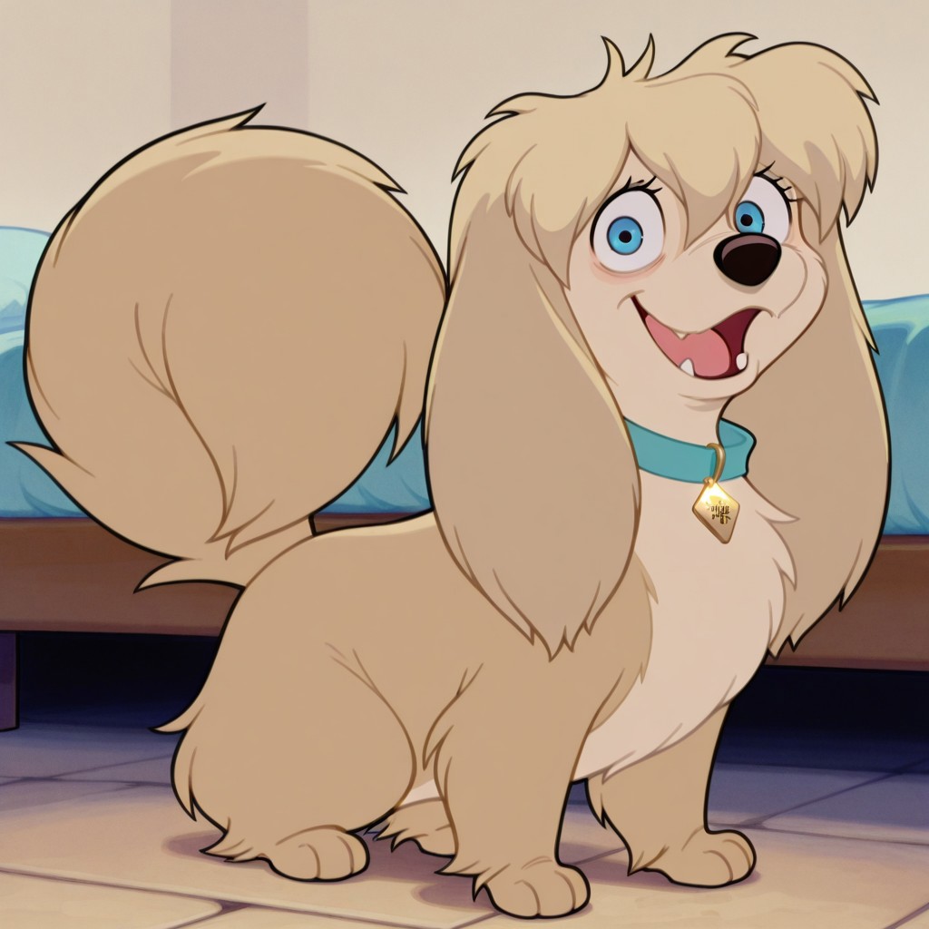 peg, female, dog, disney, blonde fur, long ears, light blonde belly, blue eyes, no eyeshadow, no bangs, hair tuft, housedog peg, blue collar with gold diamond-shaped tag, large eyes BREAK score_9, score_8, score_7, no humans, (((full body))), standing, solo, female, feral, hight definition, hyper detailed, best quality, amazing quality, 1girl, cute, cute smile, cute pose, 8k, masterpiece, looking at viewer BREAK sitting, happy, friendly, adorable, expressive eyes, sweet, smiling, open mouth, open eyes, indoors, on bed, (((soft colors))), (((bright colors))), (((bright background))), (((carpeted floor)))
outside, (((no shadows))), (((light background))), smug, flirty, playful, (((no walls)))