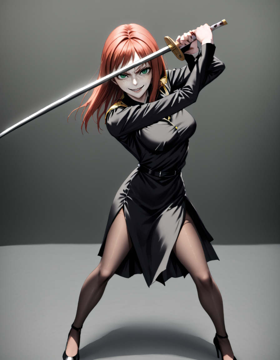 a realistic 20 year old anime kmw top model redhead woman, freckles,
((high guard sword parry stance)),
evil engimatic smile,
high couture black dress, black pantyhose, high heels,
office background,
facing viewer,green eyes,
 <lora:kmw_v53:1>
 <lora:high-guard-sword-parry-stance:1>