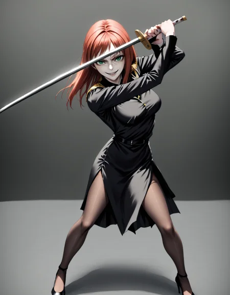 a realistic 20 year old anime kmw top model redhead woman, freckles,
((high guard sword parry stance)),
evil engimatic smile,
high couture black dress, black pantyhose, high heels,
office background,
facing viewer,green eyes,
 <lora:kmw_v53:1>
 <lora:high-guard-sword-parry-stance:1>
