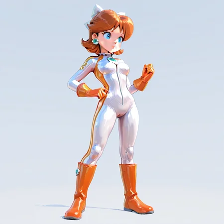 1girl, daisymkwbiker <lora:Daisy MKW Adventure Outfits Illustrious V2:1>, white body suit, orange gloves, orange boots