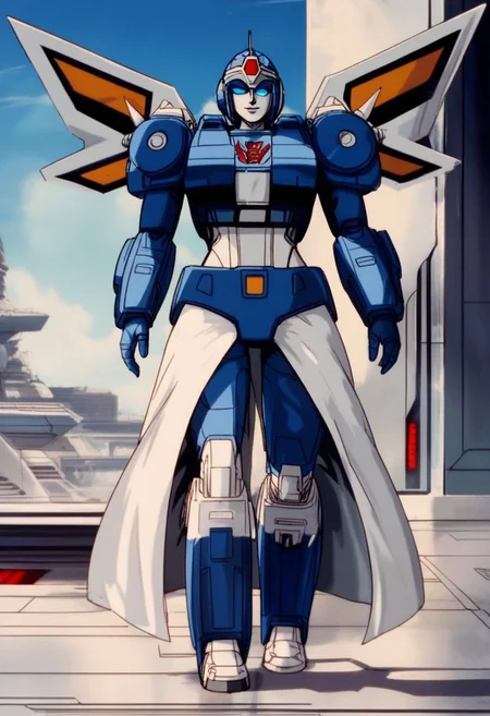 score_9, score_8_up, score_7_up, animation, transformers, 1girl, robot, Decepticon, Tall, slim, Seeker, Starscream glowing eyes, blue eyes, large eyes, circular eyes, white armour (minor blue detail), forward long jet swept wings, transforms into futuristic Stealth Mig Fighter Jet, full body, cowboy shot, smiling, holding null ray blasters, Decepticon Symbol, long skirt armour (split in middle) head crown,
<lora:StarScream1.2:1>