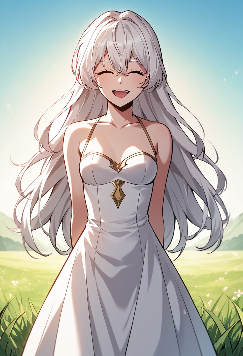 friacis, white hair, closed eyes, loose hair,long hair, teen, webtoon,manhwa, small breasts, royal_dress,
BREAK
outdoor, field of grass, sun, blue sky
BREAK
cowboy shot, looking at viewer, standing, happy face, open mouth, smile, front view, arms behind back
BREAK
best quality, masterpiece,score_9, score_8_up, score_7_up, perfect hand, , source_anime, manhwa, webtoon, zPDXL, <lora:Friacis:0.8>