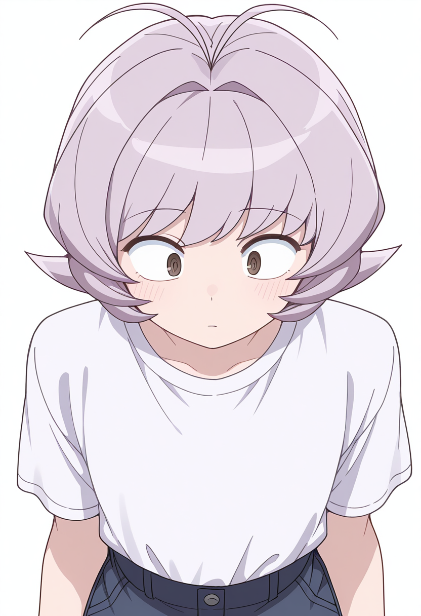 Smooth Quality,masterpiece,very intricate, high quality details, ultra realistic, high detailed skin,detailed enviorement,
simple background, white background,from above,@ @,
 high-waist pants, ,t-shirt, ,blouse, , <lora:Osana_Najimi_cnn:0.8> osananajimicnn, 1other,short hair, brown eyes, antenna hair, androgynous, light purple hair,