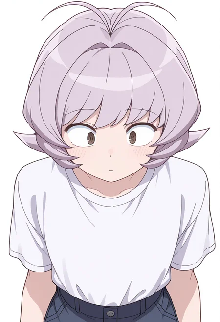 Smooth Quality,masterpiece,very intricate, high quality details, ultra realistic, high detailed skin,detailed enviorement,
simple background, white background,from above,@ @,
 high-waist pants, ,t-shirt, ,blouse, , <lora:Osana_Najimi_cnn:0.8> osananajimicnn, 1other,short hair, brown eyes, antenna hair, androgynous, light purple hair,