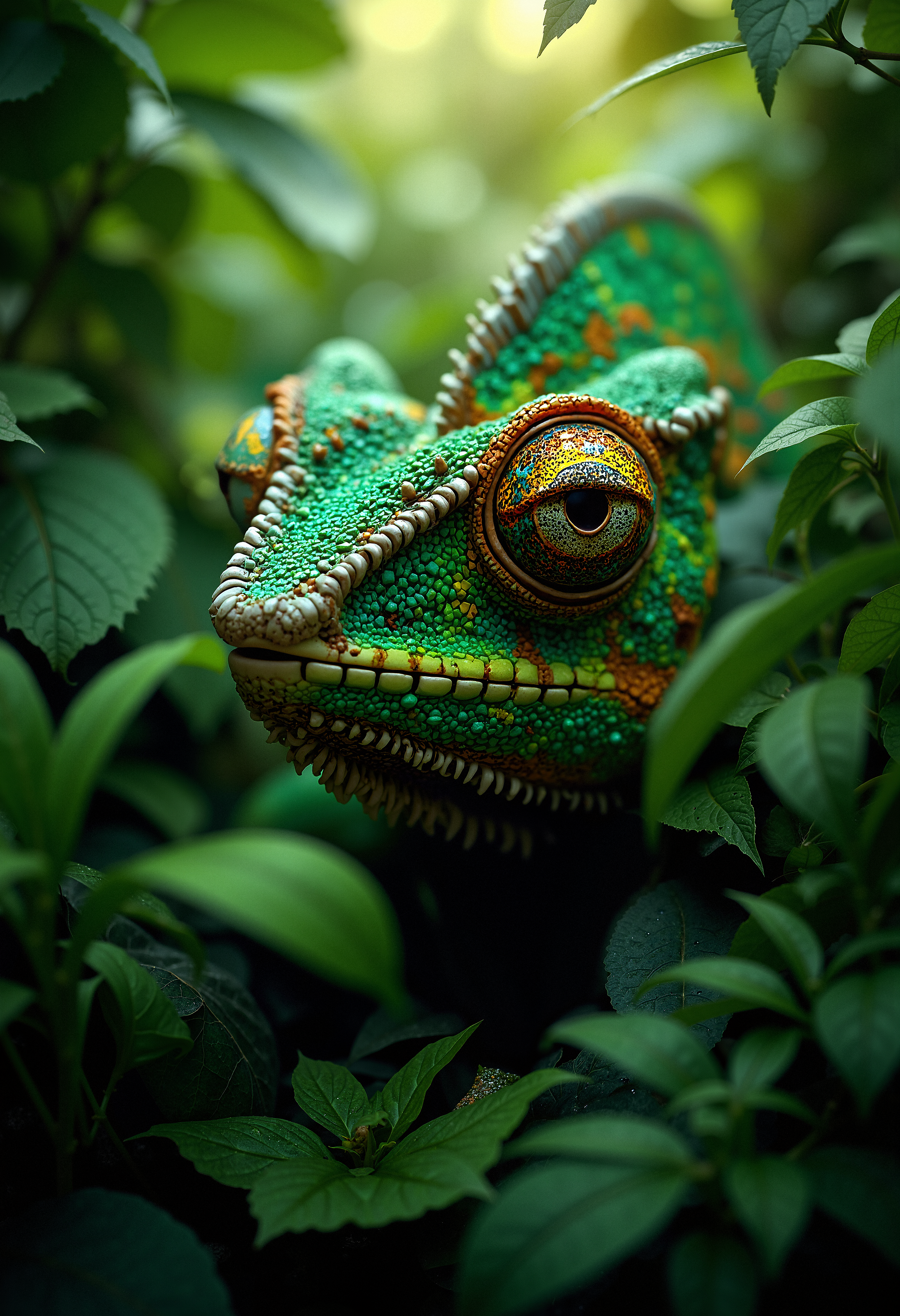 A highly detailed image of a chameleon blending seamlessly into the dense, green foliage of a jungle. The chameleon's scales match the surrounding leaves almost perfectly, with intricate patterns and shades of green, making it nearly invisible. The only part that stands out is its large, vibrant eyes, which glow in a bright orange-yellow hue, creating a striking contrast against the natural background. The sunlight filters softly through the leaves, adding depth and texture to the scene, and highlighting the subtle contours of the chameleon's body.    <lora:FluxMythP0rtr4itStyle:0.8> MythP0rt,  <lora:aidmaImageUpgrader-FLUX-V0.1:0.33> detailmaximizer,