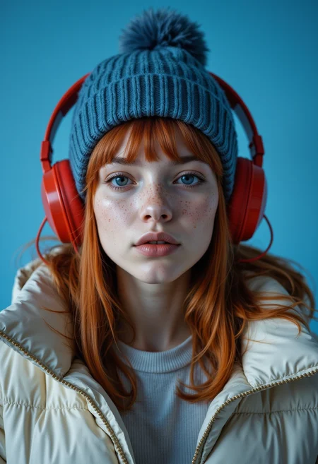 Young woman with red hair and freckles in a fluffy blue hat and red headphones, wearing a cream puffer jacket against a blue background.