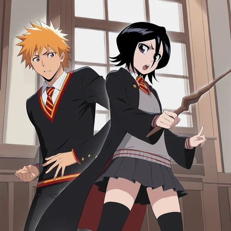 masterpiece, best quality,,detailed_background,indoors,wizarding world,diagonal-striped clothes,striped clothes,open mouth,black coat,coat,school uniform,holding,highres,skirt,long sleeves,white shirt,orange hair,ringotower,kurosaki ichigo,purple eyes,1boy,holding wand,wand,necktie,black thighhighs,looking at viewer,thighhighs,shirt,diagonal-striped necktie,orange eyes,gryffindor,kuchiki rukia,red necktie,1girl,medium hair,bleach,collared shirt,hogwarts school uniform,black skirt,black hair