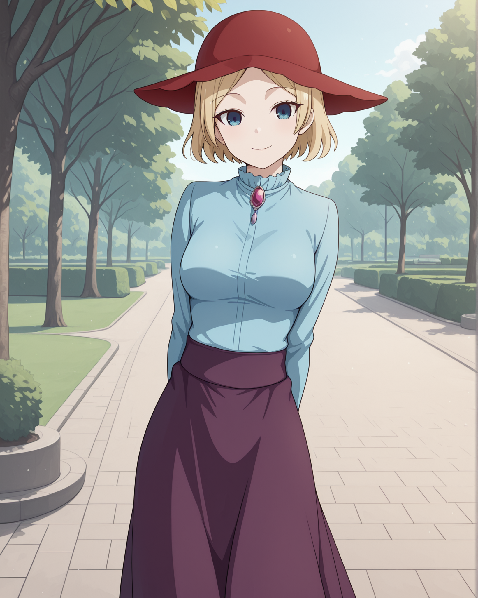 masterpiece, best quality, hayasaka_nao, 1girl, solo, blonde hair, blue eyes, parted bangs, short hair, long sleeves, blue shirt, purple skirt, long skirt, ruby brooch, red hat, medium breasts, standing, outdoors, park, hands behind back, looking at viewer, smile, <lora:Kaguya-sama_Love_Is_War_-_Hayasaka_Nao:1>,