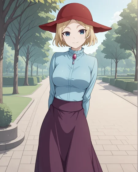 masterpiece, best quality, hayasaka_nao, 1girl, solo, blonde hair, blue eyes, parted bangs, short hair, long sleeves, blue shirt, purple skirt, long skirt, ruby brooch, red hat, medium breasts, standing, outdoors, park, hands behind back, looking at viewer, smile, <lora:Kaguya-sama_Love_Is_War_-_Hayasaka_Nao:1>,