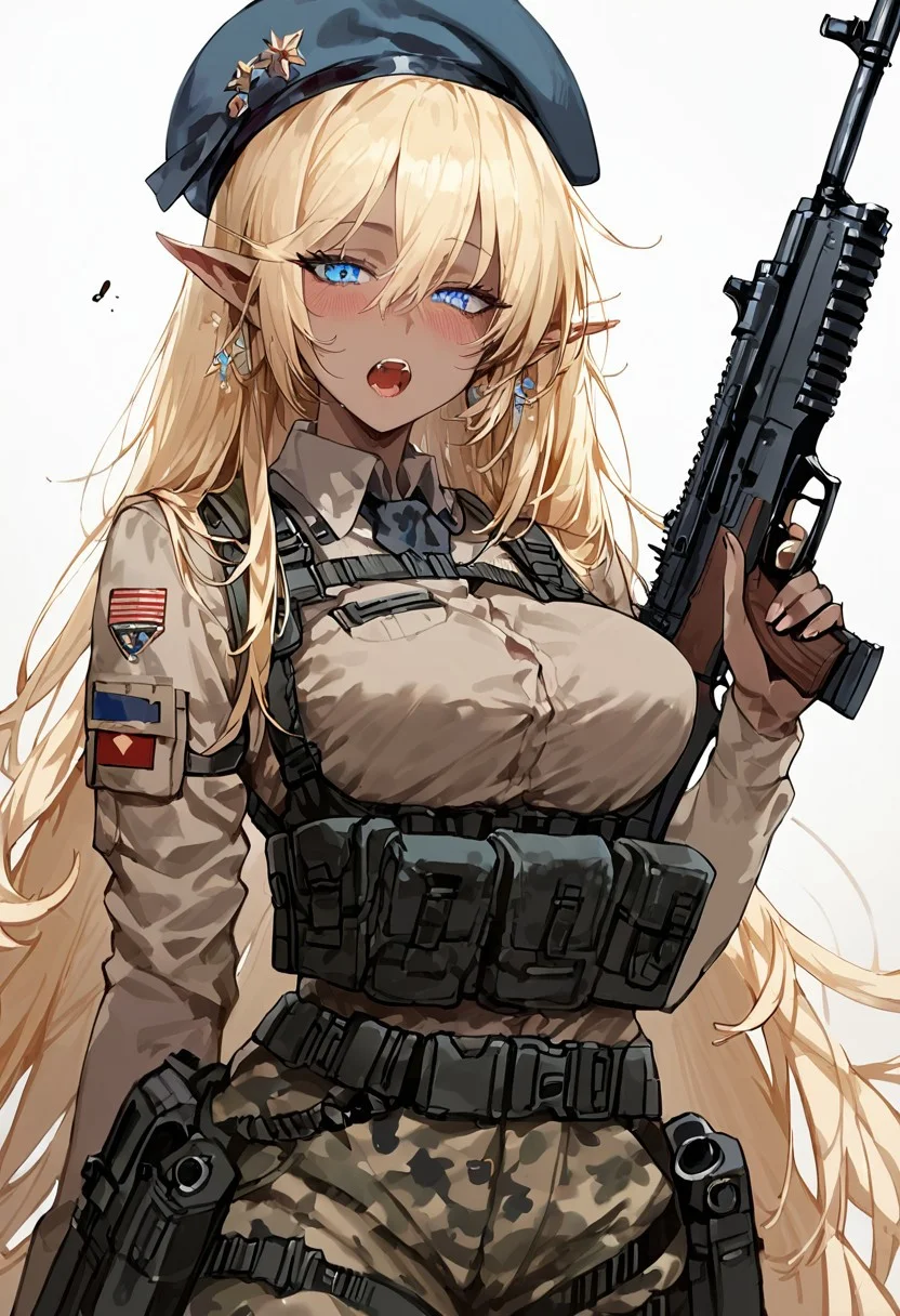 score_9, score_8_up, score_7_up, score_6_up, score_5_up, <lora:frengXLP:1> freng, 1girl,
anastasia faizland, 1girl, solo, very long hair, breasts, looking at viewer, blush, open mouth, blue eyes, blonde hair, medium breasts,, long pointy ears,, elf, ak-74u, assault rifle, belt, carbine, earmuffs, looking at viewer, gun, handgun, beret, holding, holding gun, holding weapon, holster, pouch, , rifle, tactical clothes, camouflage uniform, uniform, weapon, Jungle, Jungle camo, detailed eyes、detailed face and detailed skin
BREAK
(score_9, score_8_up, score_7_up), (Masterpiece), (expressive eyes), 1girl, Expressiveh,
Dark Elf, dark skin, pointy ears
<lora:MGE_V5.1:0.5>