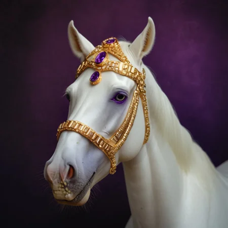 White horse big solo portrait, Mona Lisa pose, hyperrealism, gold accessories and purple diamonds, magazín award photo, super fancy. Golden teeth and smile, big eyes. Solo horse on photo, humanise horse