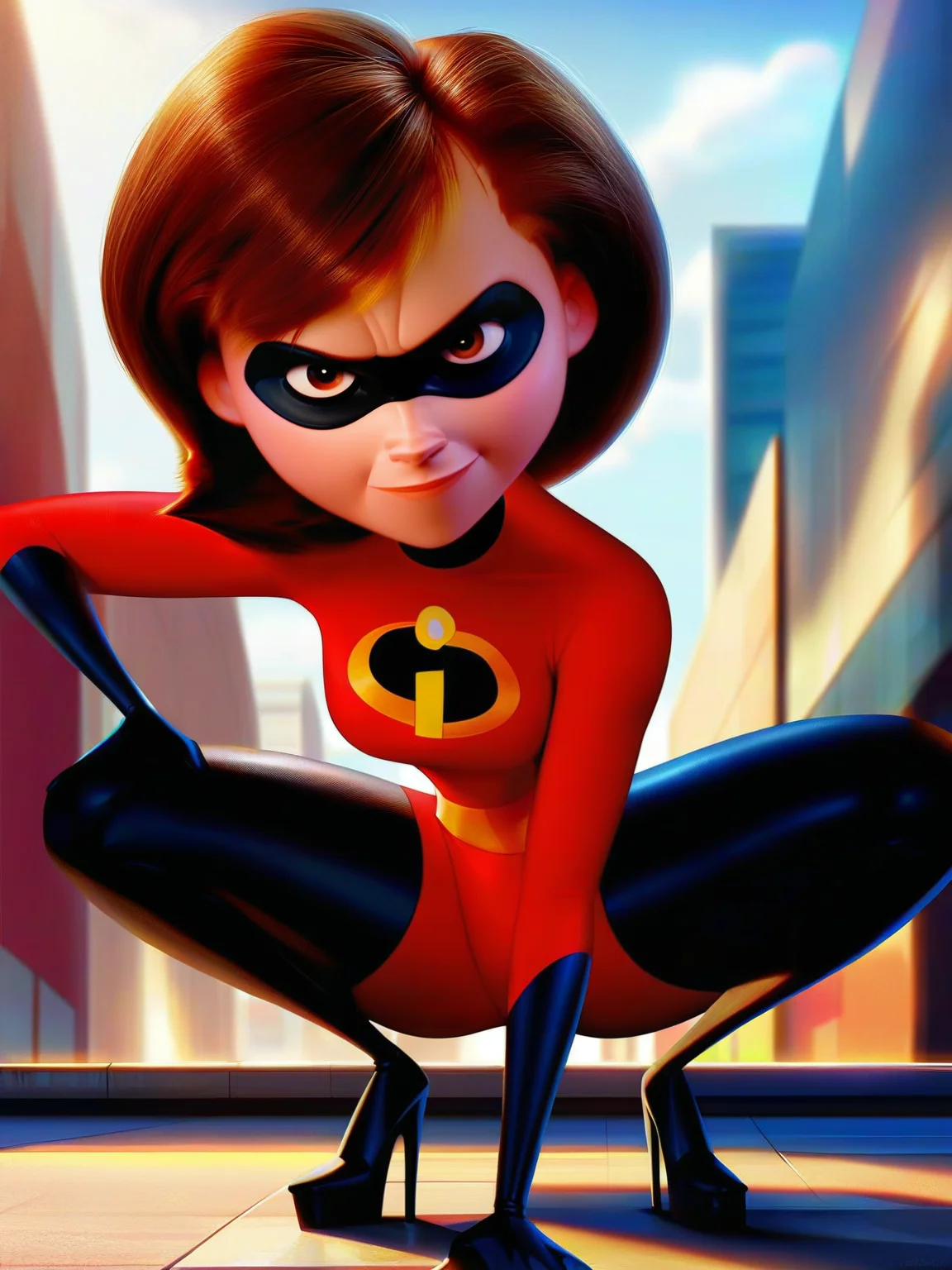<lora:Helen_Parr:0.9> pa_rr, 1girl, ginger hair, brown eyes, superhero suit, mask, looking at viewer, squatting, front view, spreading legs, platform heels, score_9, score_8_up, score_7_up,