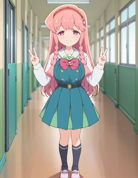 score_9, score_8_up, score_7_up, source_anime, BREAK
1girl, solo, looking at viewer, blurry background, light smile, full body, school, hallway, double v,
mami kirara (puniru wa kawaii slime), long hair, pink hair, hairband, sidelocks, twin braids, pink eyes,
school uniform, sailor collar, white shirt, pink bowtie, long sleeves, pinafore dress, belt, pleated skirt, kneehighs, pink footwear,
<lora:mami_kirara-puniru_wa_kawaii_slime_s1-anime-soralz:1>