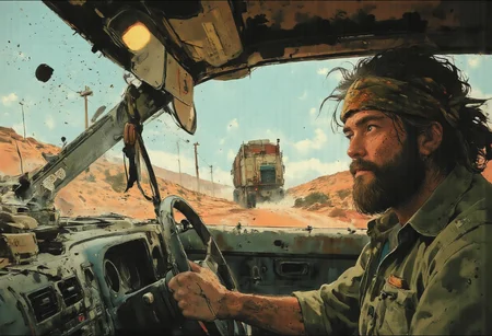 A stark, high-definition shot of a dusty Colorado road stretching into the horizon, taken from the perspective of a bearded man seated inside a car. The midday sun casts a harsh, almost blinding light over the scene, highlighting the stark contrast between the bright blue sky and the burnt-orange earth beneath. The car's interior, a cozy cocoon of shade, is a stark contrast to the outside, with the dashboard gleaming and the steering wheel casting a shadow over the driver's seat. Through the windshield, the silhouette of a single tree can be seen in the distance, its branches contorted by the wind, standing tall and solitary amidst the flat landscape. A sudden semi-truck, a monolith of steel and chrome, thunders by, its wheels kicking up a plume of dust that momentarily obscures the view and sends the car rocking on its suspension. The side-view mirror captures a reflection of the truck's taillights as they recede into the background, leaving a trail of dust in their wake. The side window is slightly open, allowing a gust of dry heat to sneak in, ruffling the curtain of loose papers and empty fast-food bags scattered on the passenger seat. The driver, a young man with a look of surprise and disarray, clutches the steering wheel, his eyes wide with a mix of fear and exhilaration. His hair, a wild tangle of colors under a faded bandana, dances in the intrusion of wind.
