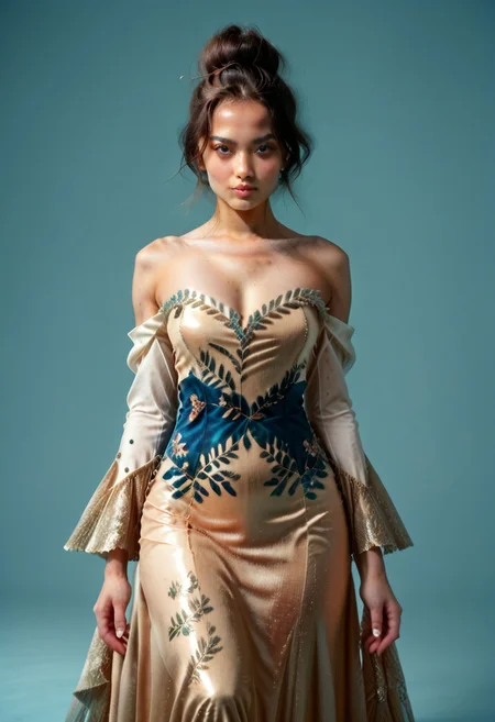score_9, score_8_up, score_7_up, kebaya dress (long dress, skin tight, strapless, off shoulder, luxurious design),
pureerosface_v1, JDMAI_KEBAYA, JDMAI_ARIEL_SARI,
(dynamic lighting), (dynamic shadow), 4k, HD, Hi res, cinematic masterpiece, photographic masterpieces, epiCPhoto,
Neat hair bun, professional makeup,
Portrait, upper body, alluring pose,
(simple turquoise background), (blurry background), (sharp focus on object),