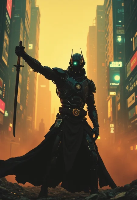 photo of an Dancing Elysium Robot Cyborg Samurai with hands in the air, macro, flowing Cape, a captivating vibrant dark capturing the essence of a cyborg Bedouin sorcerer in fight stance, standing infront of dystopian megacity. ethereal, smoky backdrop. a translucent Grey, yellow/tanslucent amber/black, atmospheric haze, Film grain, cinematic film still, shallow depth of field, highly detailed, high budget, cinemascope, moody, epic, OverallDetail, gorgeous, 2000s vintage RAW photo, photorealistic, candid camera, color graded cinematic, eye catchlights, atmospheric lighting, skin pores, imperfections, natural, shallow dof, their holographic billboards flickering in shades of pink, green, and electric blue. Streams of light weave through