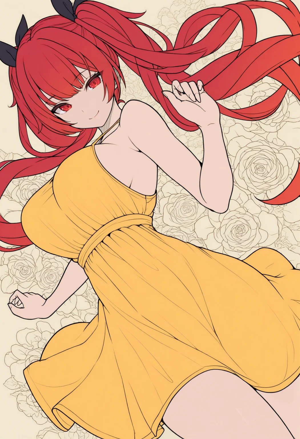 masterpiece, best quality, 1girl, solo, H0n0lulu, red eyes, red hair, long hair, twintails, hair ribbon, black ribbon, large breasts, lineart, smile, yellow sundress, floral background, print background, dutch angle, dynamic pose, <lora:ChamHonoluluNoob:1>