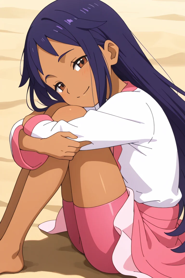 1girl, (beach:0.8), sand, barefoot, wind,hair in the wind,smile, half-closed eyes, from side,looking at viewer, upper body, sitting, sitting_on_sand,, hugging own legs,
<lora:iris_champion_2:1.0> iri5cham1on,dark-skinned female, dark skin, brown eyes,
pink bike shorts,
purple hair, very long hair, (alternate hairstyle,:1.3) (straight hair,:1.2)
white shirt, pink v-neck, pink sleeve cuff,
middle pink ribbon,pink skirt, light pink skirt edge,, masterpiece, high quality, absurdres, best quality, very aesthetic, newest,