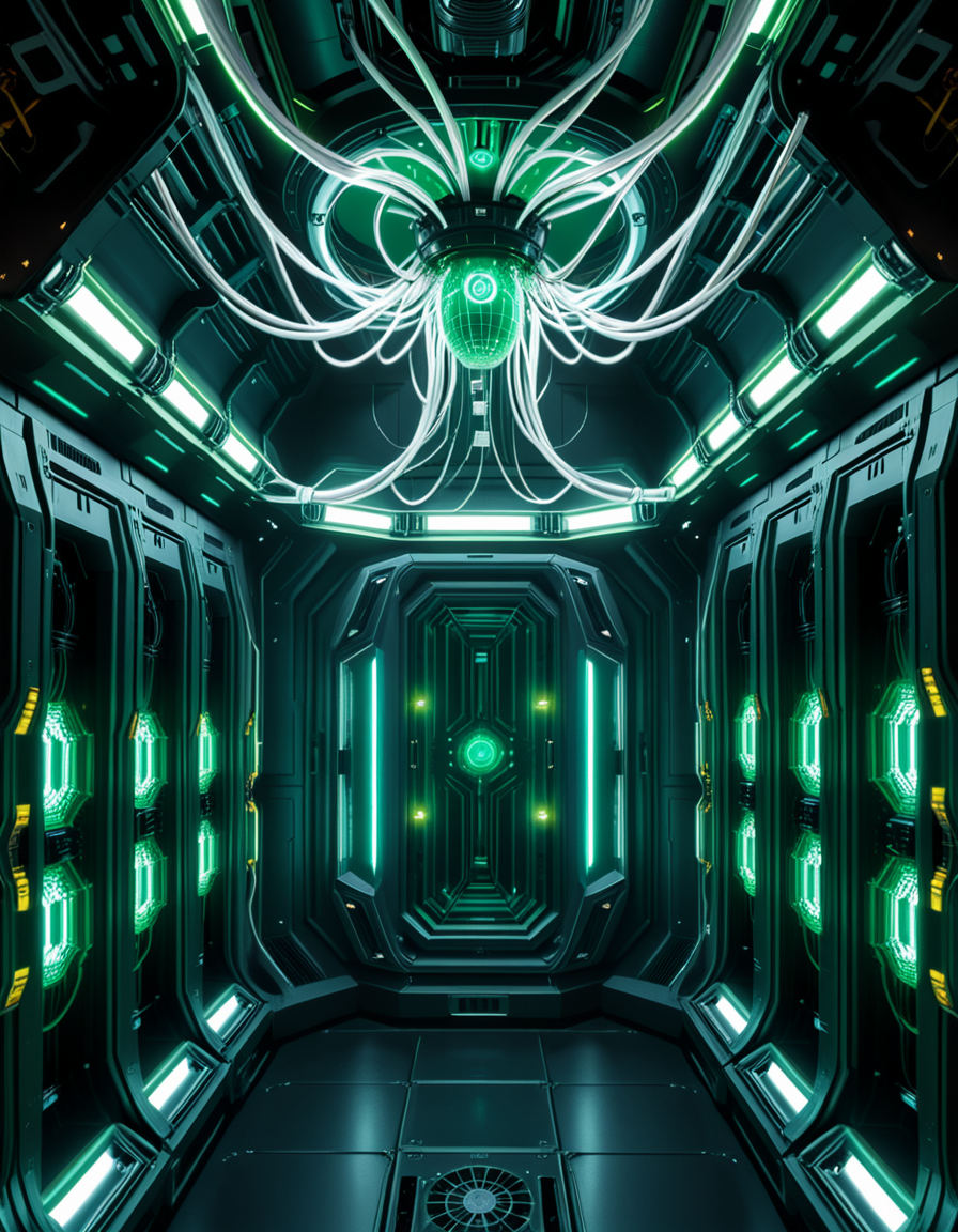 A dark, oppressive regeneration chamber deep within a Borg vessel â a biomechanical environment where drones return to recharge and interface with the collective. The chamber is dimly lit with pulsating green and white lights that flicker through dense shadows. The walls are lined with vertical alcoves, each containing a Borg drone standing motionless, plugged into the system via biomechanical tendrils, tubes, and neural interfaces embedded into their bodies.
The surfaces of the room are a fusion of metallic plating, organic texture, and cybernetic growths â as if the ship itself is alive, constantly shifting and adapting. Steam hisses softly from vents near the floor, and faint mechanical whirring echoes through the chamber. Fiber optic cables pulse with data transmissions, running across the ceiling like glowing veins. 
Above, a central neural conduit hangs like a mechanical spine from the ceiling, branching out and connecting to each alcove, feeding the collective hive mind with real-time information. The atmosphere is cold, sterile, and unnervingly silent â a place devoid of individuality, where only the will of the collective exists. There is no comfort here, only efficiency, order, and total control. 
<lora:SDXLFaeTastic2400:0.4> <lora:extremely_detailed:0.4> extremely detailed,<lora:borg_recharge_ch4mb3r:1>,borg recharge ch4mb3r, Masterpiece,best quality,hi res,8k,hi res,8k,award winning,(sharp focus, intricate, highly detailed),