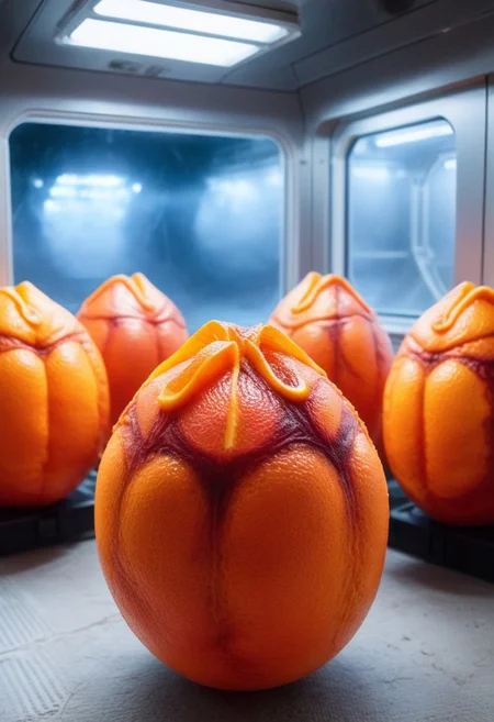 blood orange style, xenoegg, view of a group of unhatched xenoeggs, xenoeggs made of orange peel, horror theme, green light, space station interior, foggy ground, beautifully lit,