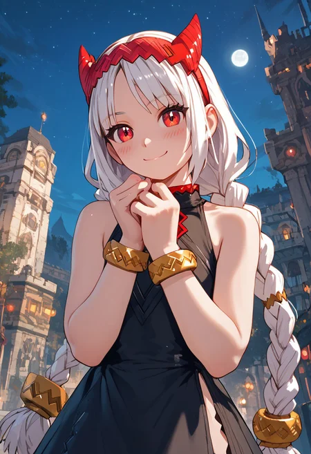 score_4,score_5,score_6,score_7_up,score_8_up,score_9 ((masterpiece,best quality,ultra detailed,highres,HD,4k:1.2)),
1 girl, solo,solo focus,girl focus,face focus,
1girl,solo,girl focu,solo focus,face focus,
long hair, braided ponytail,red headband,bungs,red eyes,
exposed shoulders, black dress, bracelets, bare legs,
blush,smile,