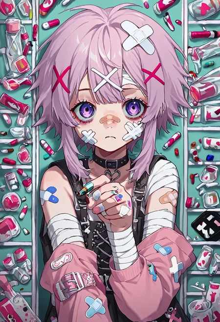 score_10, score_9, source_anime, yamikawaii, solo, bandaid, bandages, x hair ornament, 1girl, pills, syringes