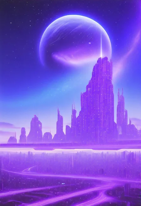 High quiality, high resolution, high definition,
Magical city with skyscrapers, a planet with purple colors and lines that emit white light surrounded by a planet ring, with the view from behind a cat looking towards the city, citybkg, anime style, high ilumination, galaxy sky, calid colours, spacial station