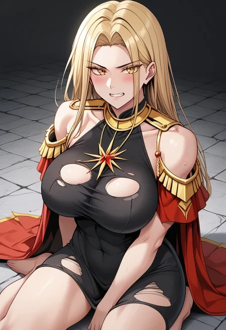 score_9, score_8_up, score_7_up, source_anime, rating_explicit, 1girl, breasts, skirt, thighhighs, solo,1girl, breasts, Victoria,1girl, mature female, (huge breasts:1.3),(military uniform:1.3), red coat, black thighhighs, gloves, red skirtred_cape, blonde_hair, solo, long_hair, cape, dress, clenched_teeth, small_head, yellow_eyes, glaring, looking_at_viewer, angry, stone_floor, teeth, kneeling, (black_dress:1.5), barefoot, covered_navel, covered nipples,sweat, scowl, parted_bangs, thighs, bare_legs, covered_breasts, bangs, sitting, v-shaped_eyebrows, blush, japanese animation, absurdres, toned, black_hair_tie, high contrast, aesthetic, toned, vivid color, muscular, (wide_shoulders:1.2), wide hips, 2d, thighs, beautiful, sexy, black_clothes, cute_face,open_mouth,bangs, (thick_thighs:1.2), (huge_hips:1.2), (large shoulders:1.2), finely detailed beautiful eyes, finely detailed face,delicate facial features, (tall:1.4), small head, beautiful eyes and detailed face,toned,(healthy_body:1.2), (best quality, high quality, masterpiece, hyper detail, detailed face,detailed_eyes,detailed_pupils:1.3), collarbone, (detailed_eyes:1.5) ,(masterpiece:1.7),(high quality:1.7), same_eyes,same_pupils,(clear:1.5), detailed_eyes, collarbone, bangs, detailed_eyes, black_clothes, detailed_arms, amazing quality, (large_shoulders:1.4), wariza, (torn_clothes:1.5), upper body, covered_shoulders, muscle, broken floor, detailed_hands,taut_clothes,epaulettes, wall