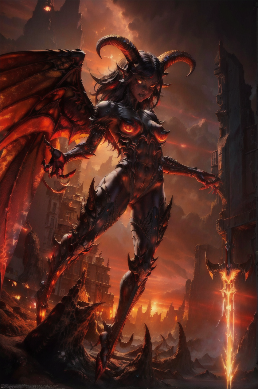 RAW, 1girl, Demonic, colorful, dynamic pose, ((full body)), black sclera, horns, wings, colored sclera, colored skin, yellow eyes, demon wings, demon horns, slit pupils, Ultra-detail, ((matte armor, red lights)), (best quality), (detailed skin:1.3, detailed face:1.3), (Realistic:1.5), (detailed cyberpunk landscape), delicate, soft colors, (highres:1.1), (masterpiece:1.3), cinematic lighting,  
 <lora:Hell2_v1.0:0.8>