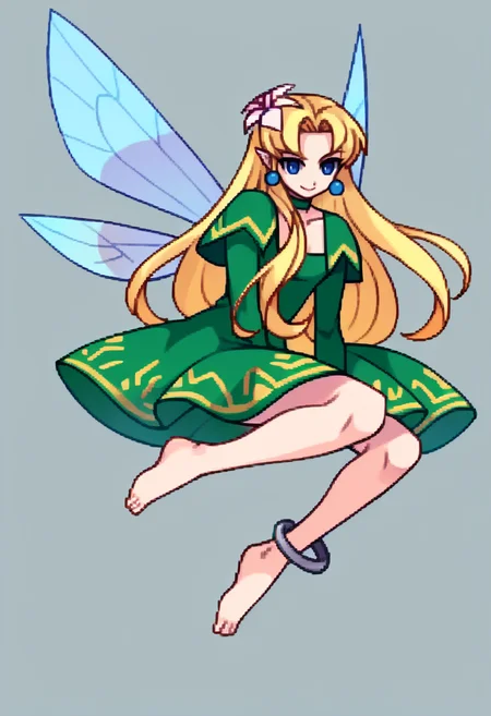 score_9, score_8_up, score_7_up, source_anime, BREAK, solo, 1girl, smile, looking at viewer, <lora:Arcana-Heart-Sprites-pdxl_Fp:1>, simple background, full body, <lora:Titania-pdxl_Fp:1>, titaniasmt, blue eyes, blonde hair, long hair, hair flower, fairy wings, green dress, choker, anklet, floating,