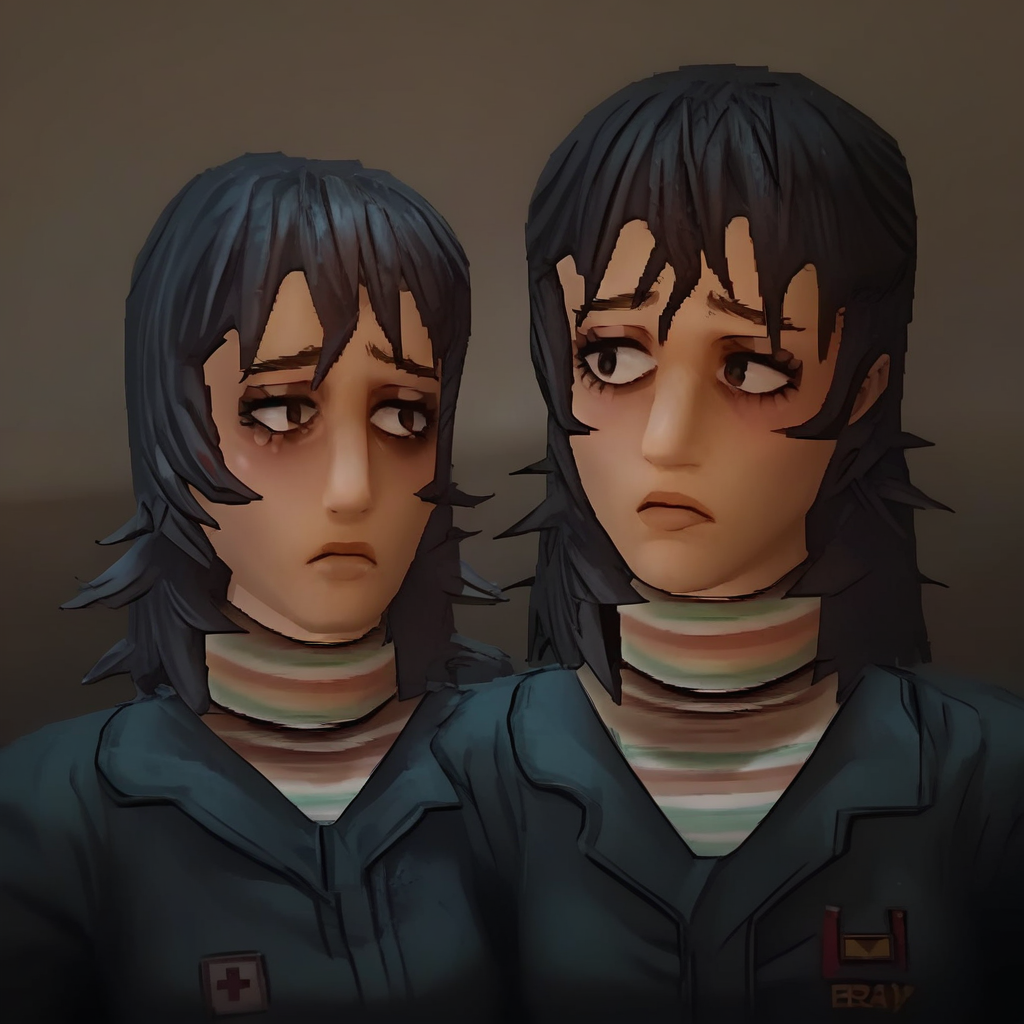 Anyamw, score_9, score_8, 2girls, BREAK 1girl, jumpsuit, striped sweater, portrait, sad, BREAK side on side, BREAK 1girl, happy
