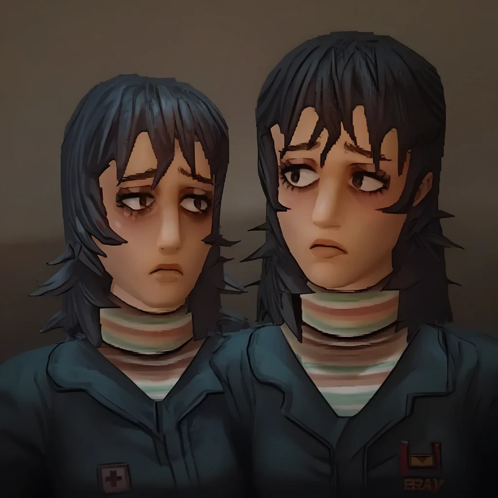 Anyamw, score_9, score_8, 2girls, BREAK 1girl, jumpsuit, striped sweater, portrait, sad, BREAK side on side, BREAK 1girl, happy