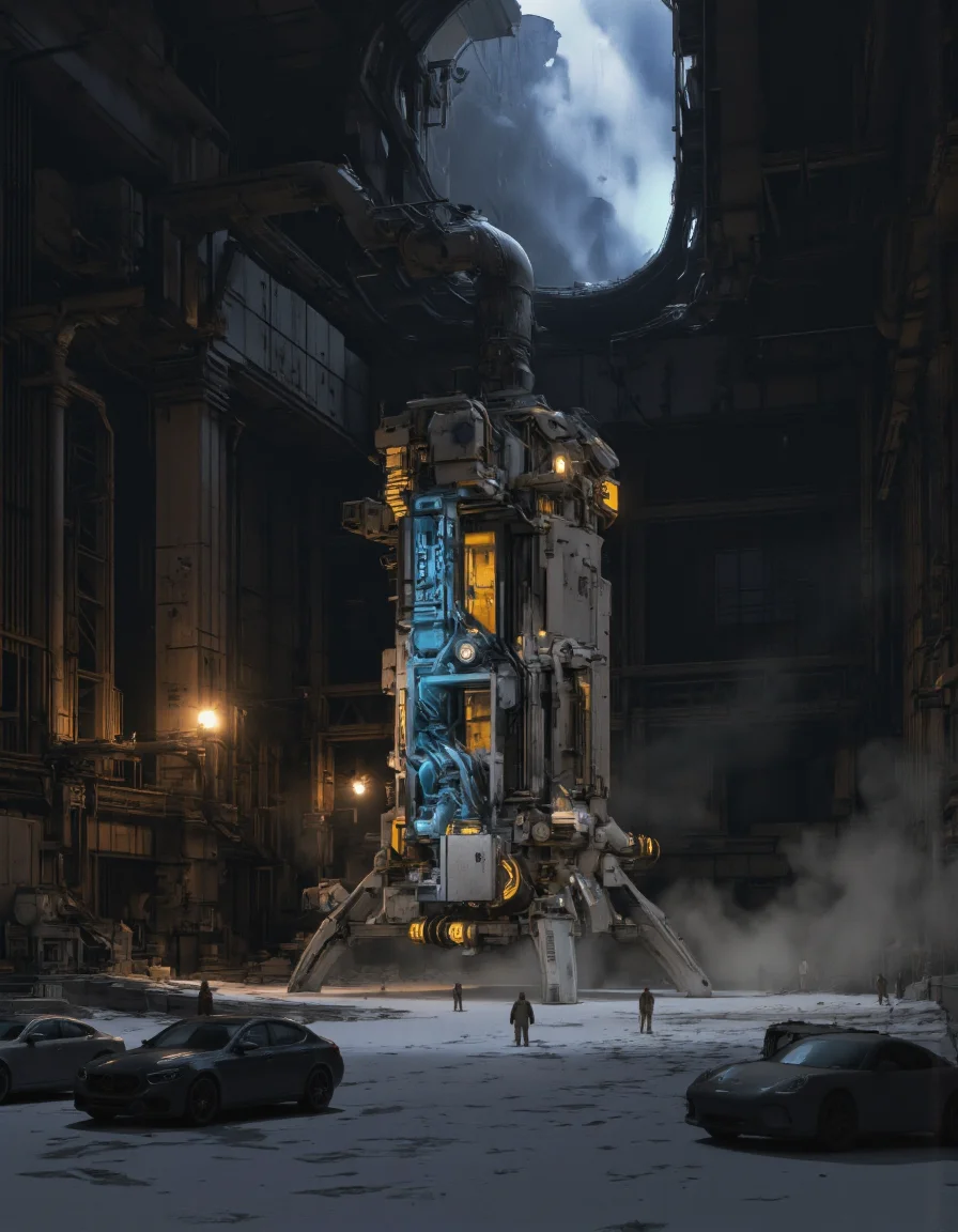. A digital illustration shoot from a low angle about a futuristic industrial setting with a large metallic structure in the center, glowing yellow and blue light. the scene is set in a dimly lit industrial environment with a snowy ground and a few small vehicles scattered around. on the left side of the image, a large, metallic structure with glowing blue and yellow lights appears to be in the middle of the frame. it is surrounded by a dense, smoky environment, with tall, metal structures and a large opening in the background. the structure is illuminated by bright, blue light, casting a glow on the surrounding area. the overall atmosphere is dark and gritty, with a sci-fi aesthetic.