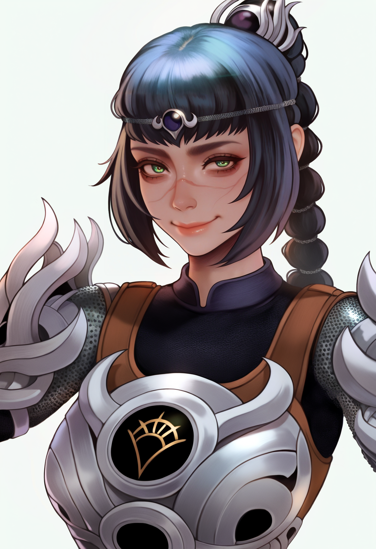 best quality, amazing quality, very aesthetic, absurdres,
BREAK
1girl, solo, shadowheart, black hair, braided ponytail, green eyes, scar on face, circlet, armor, large breasts,
smile, looking at viewer, upper body, simple background, white background, <lora:ShadowHeartIllustrious_byKonan:0.8> <lora:Magion02NoobLocon_byKonan:1>