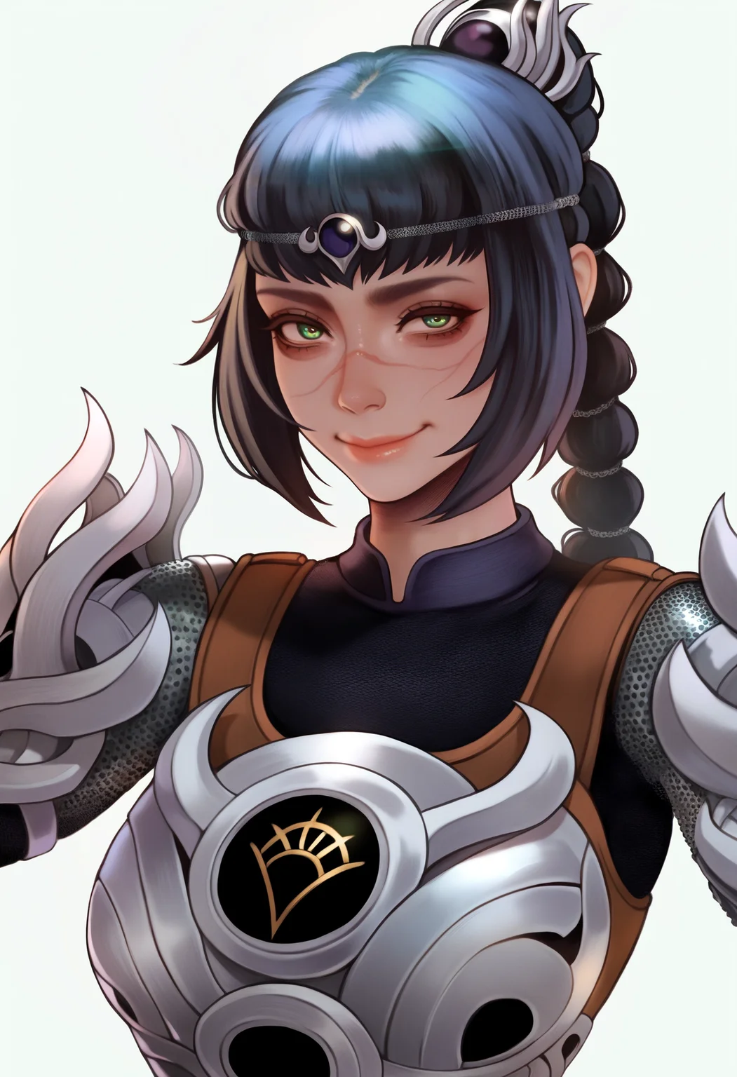 best quality, amazing quality, very aesthetic, absurdres,
BREAK
1girl, solo, shadowheart, black hair, braided ponytail, green eyes, scar on face, circlet, armor, large breasts,
smile, looking at viewer, upper body, simple background, white background, <lora:ShadowHeartIllustrious_byKonan:0.8> <lora:Magion02NoobLocon_byKonan:1>