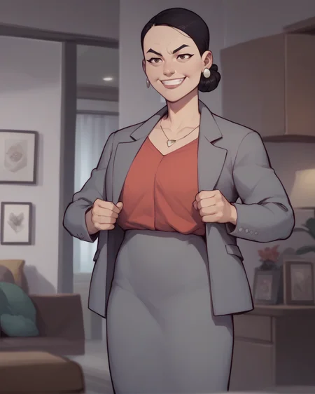 score_9,score_8_up,score_7_up,score_6_up,
Debbiexl,brown eyes,earrings,hair bun,
grey suit,red shirt,dress skirt,
home,indoors, standing,
grin,
<lora:Debbie:0.9>,