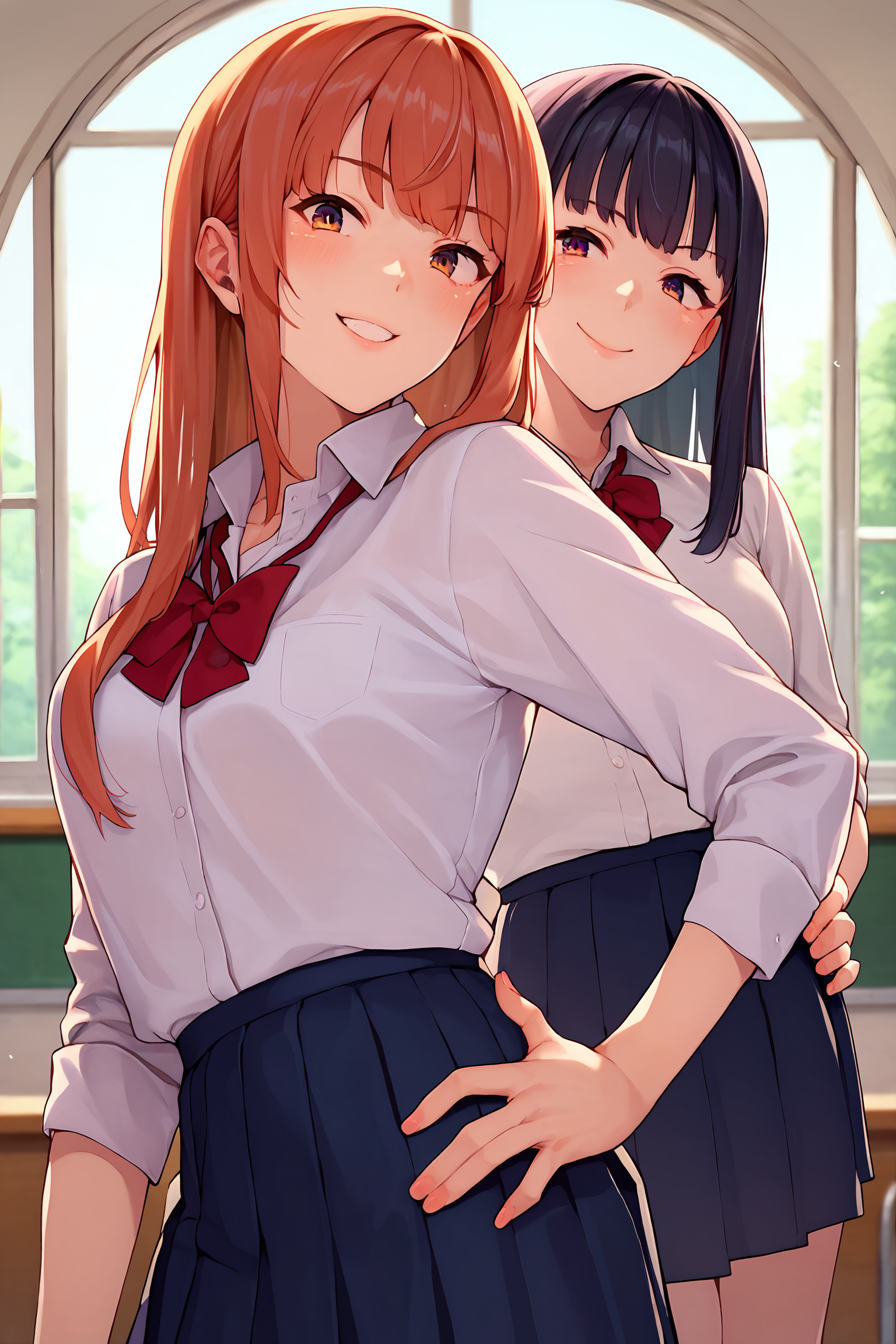 score_9, score_8_up, score_7_up,   multiple girls,   long hair, blush, smile, school uniform, :d, bangs, shirt, skirt, collared shirt, hands on hip,
,   <lora:Henkuma_PonyXL_dim64-000032:0.9>