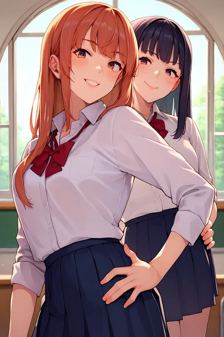 score_9, score_8_up, score_7_up, multiple girls, long hair, blush, smile, school uniform, :d, bangs, shirt, skirt, collared shirt, hands on hip,
, <lora:Henkuma_PonyXL_dim64-000032:0.9>
