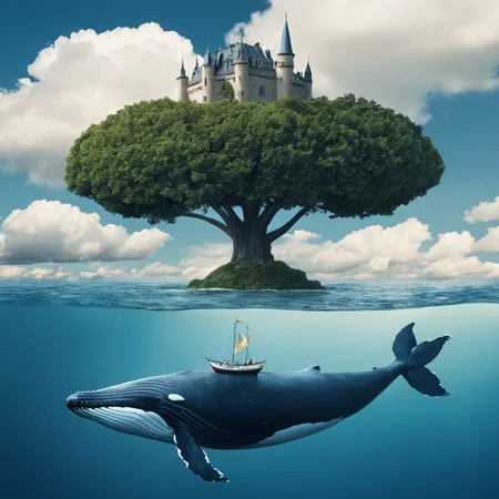 Surrealism,  <lora:Surrealism style:1>
A surrealism photo of a whale is floating in the water with a castle on top,outdoors,sky,cloud,water,tree,no humans,ocean,scenery,fish,watercraft,boat , realistic, realism, photorealism, hyperrealism, hyperrealistic, realistic, sharp, detailed, cinematography style, film light style, movie still,  professional photography, artistic, perfection, contrast, cinematic, filmic, high quality photo,  8k quality, colorful, photography style, absurd, bizarre, eerie, fanciful, fantastic, ludicrous, monstrous, odd, outlandish, preposterous, ridiculous, strange, whimsical, wired, disturbing, surrealist, surrealism style, Andre Breton style, expressive, dramatic, organic lines and forms, dreamlike, mysterious, Surrealism