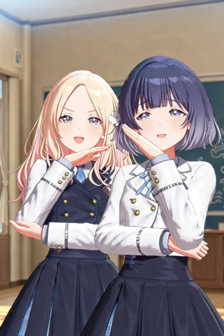 shiny skin, posing, 
<lora:gaku3d.il:1.0>,
gaku3d,
2girls, 
misuzu, sena, ojou-sama pose,