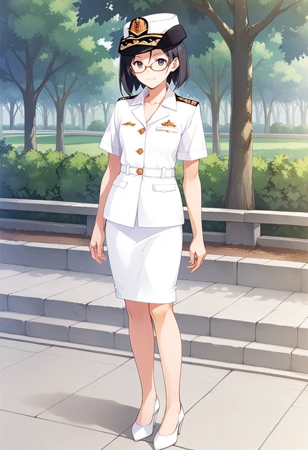 solo, standing, full body, park,
<lora:KC_05BB_kirishima_pony:1> kirishimakc, black_hair, short hair, glasses, green-framed eyewear, black eyes, kirishimaJSDFkc, military_uniform, white uniform, peaked cap, white skirt, white belt, pencil skirt,white heels, score_9,score_8_up, score_7_up, source_anime, masterpiece, best quality, official art, official style, game cg, megami magazine, rating_safe, rating_questionable, <lora:Fixhands_anime_bdsqlsz_V1:0.75>, NEGATIVE_HANDS