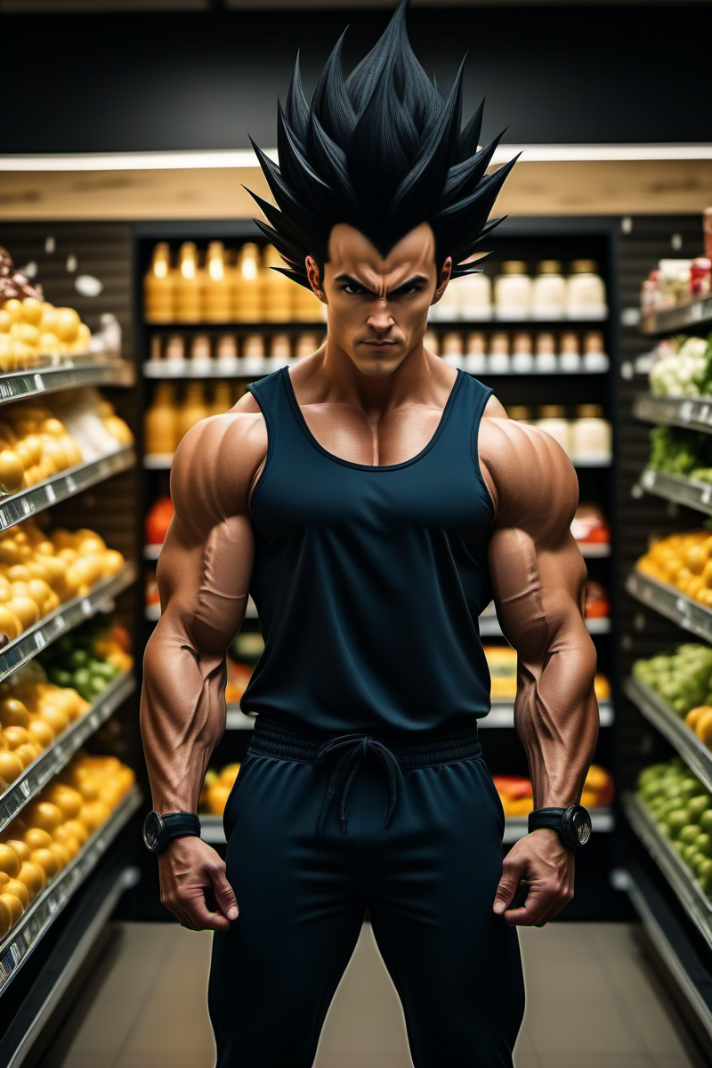 cinematic photo a full body portrait of a muscular man, black spiked hair, solo, stands in a grocery store <lora:Vegeta1024:0.8> . 35mm photograph, film, bokeh, professional, 4k, highly detailed