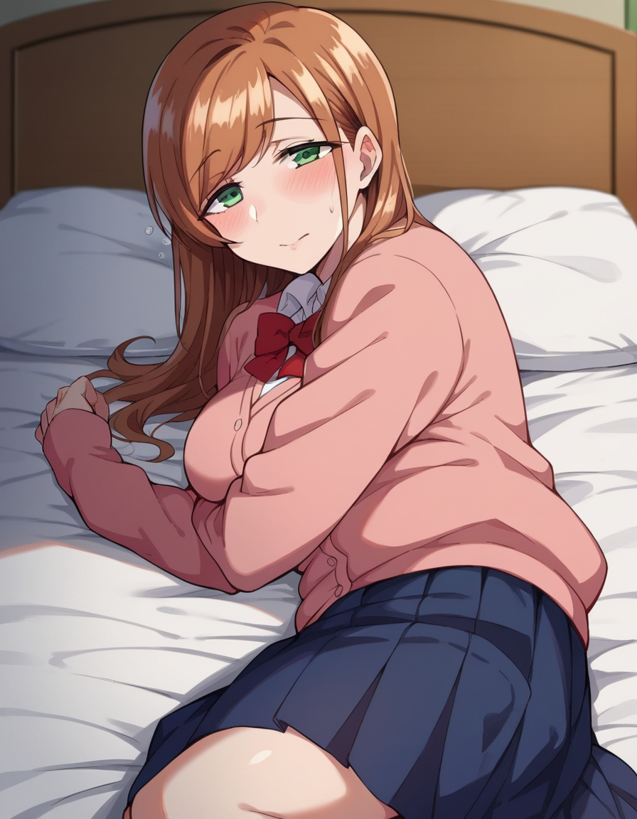 score_9, score_8_up, score_7_up, source_anime,
minakosanada, <lora:minako-sanada-ponyxl-lora-nochekaiser:1>
minako sanada, long hair, brown hair, green eyes, mature female,
long sleeves, bow, school uniform, bowtie, red bow, cardigan, pink cardigan, skirt, blue skirt,
indoors, bed, bed room, on side, blush, drunk,
looking at viewer, dutch angle, cowboy shot,