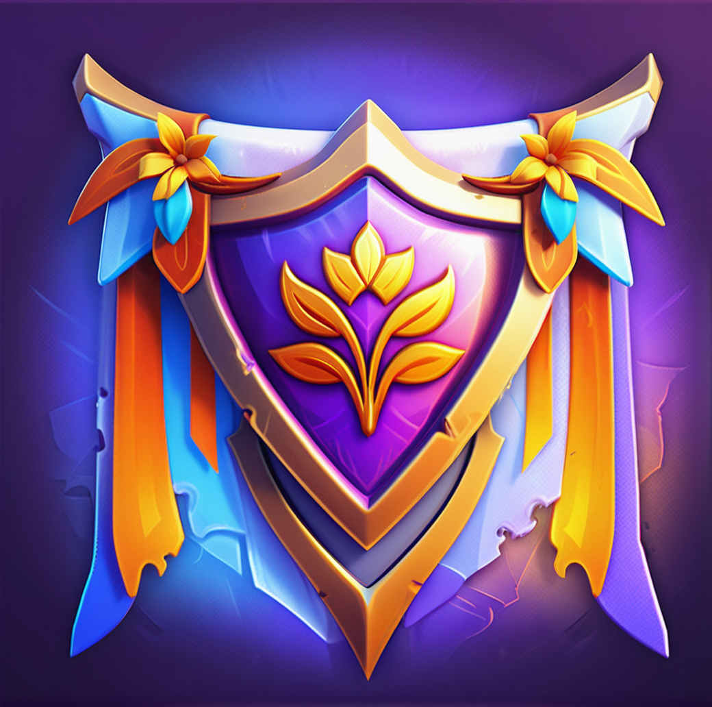 digital game illustration, fantasy banner, shield emblem, golden flower symbol, purple and orange tones, digital art, gradient background, detailed texture, torn edges, glowing effect, ornamental design, vibrant colors, three-dimensional, high resolution, emblematic representation, symmetrical composition, flag, game asset ,<lora:æ¸¸æ-000002:0.6>