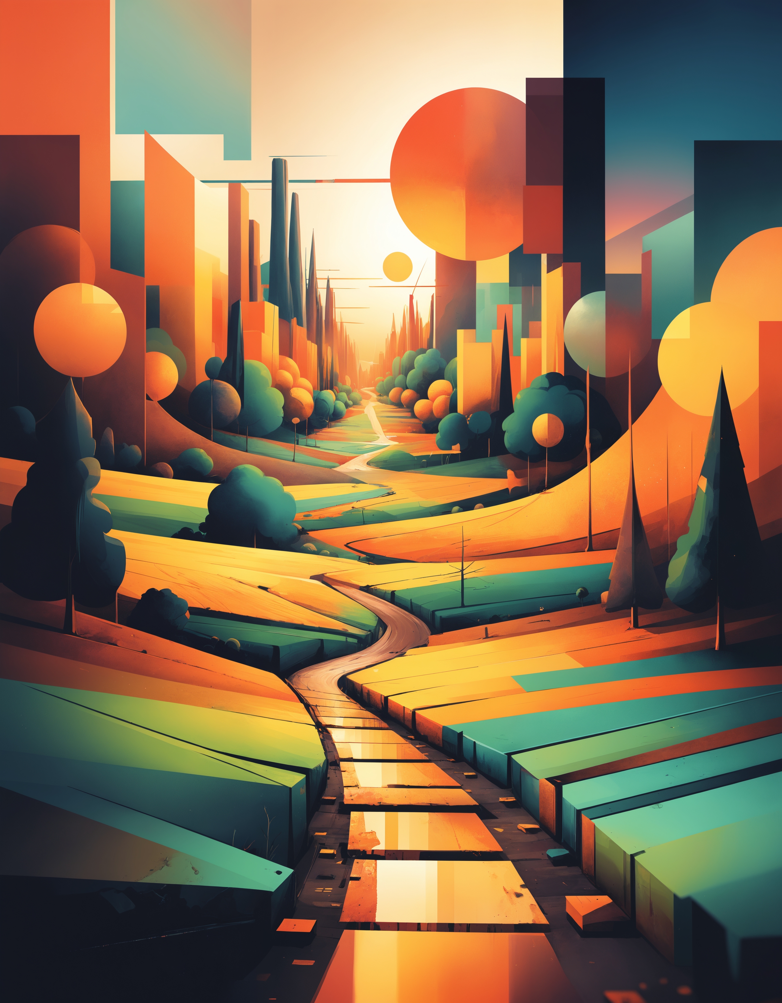 Cubist inspiration, A landscape represented with planes and flat colors. The landscape could show a field, forest or city, and flat planes and colors could be used to create a sense of depth and perspective, surrealism, aesthetic, bold gorgeous colours, high definition, super clear resolution, iridescent watercolor ink, acid influence, fantastic view, crisp quality, complex background, medium: old film grain, tetradic colors, golden hour, rust style, vantablack aura, golden ratio, rule of thirds, cinematic lighting Dark realism and magical. Complementary poisonous colors with deep zoom Memphis style abstract bokeh background with deep zoom